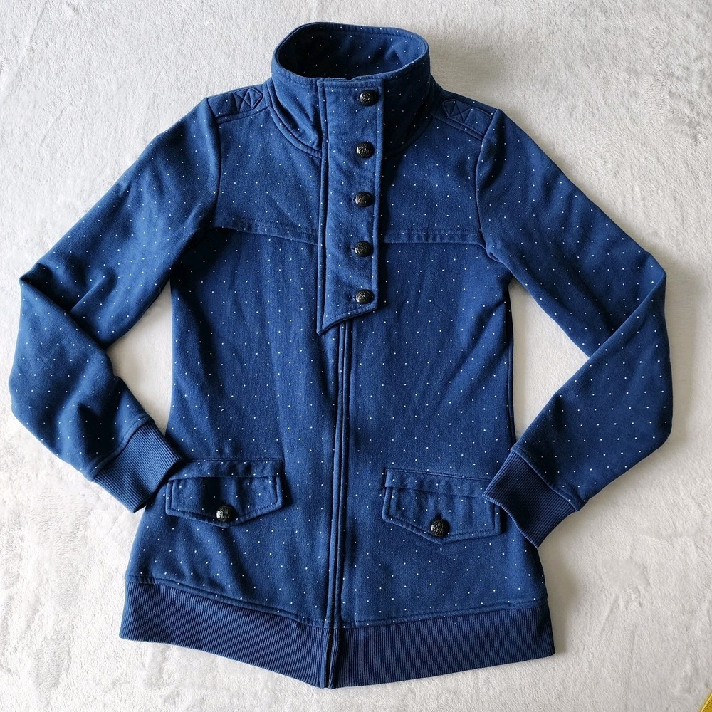 TWIK Sweatshirt Jacket Womens XS Navy Polkadot Jersey Preppy Full Zip Military - Picture 7 of 13